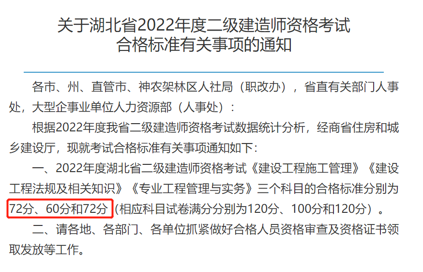 湖北2022二级建造师成绩合格标准已公布