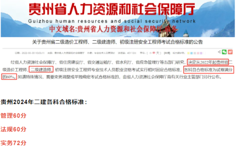 2024年贵州二建分数什么时候出？合格标准是什么？